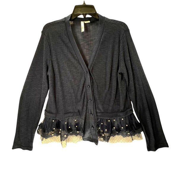 Forgotten Grace Cardigan Sheer Lace Hem Navy Blue Sweater Pearl Buttons Ribbed - Picture 1 of 15